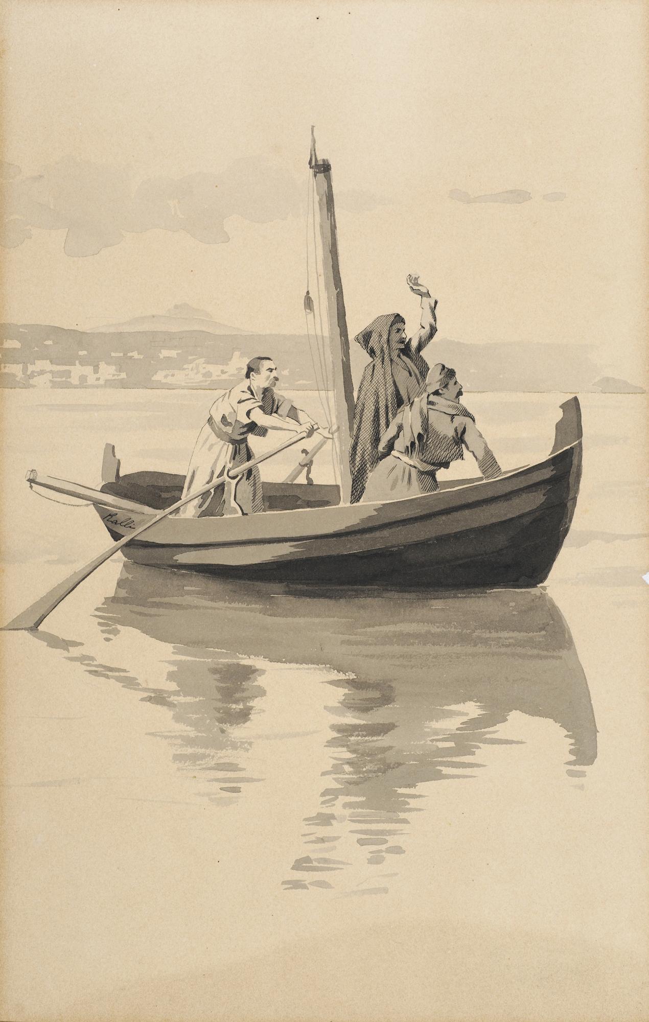 Theodoros Rallis: “Ich verabschiedete mich von meiner Mutter und stieg auf ein Segelboot nach Syros”. Illustration zu Vikelas’ Loukis Laras