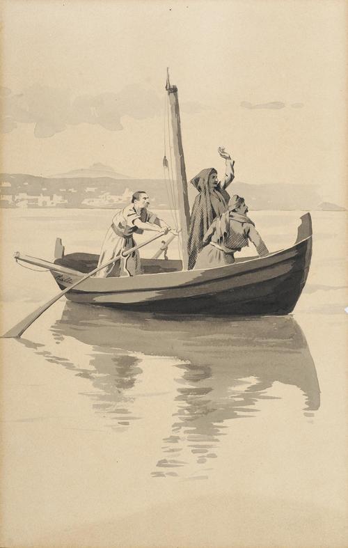  Theodoros Rallis: “Ich verabschiedete mich von meiner Mutter und stieg auf ein Segelboot nach Syros”. Illustration zu Vikelas’ Loukis Laras 